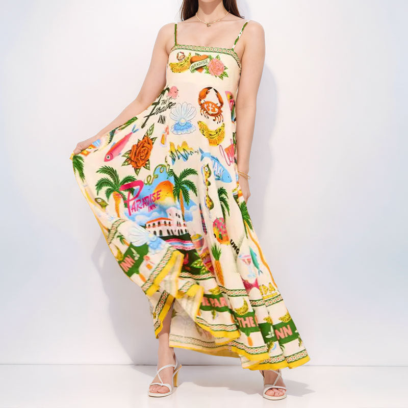 Elegant Printed High Waist Suspender Dress Long Dress