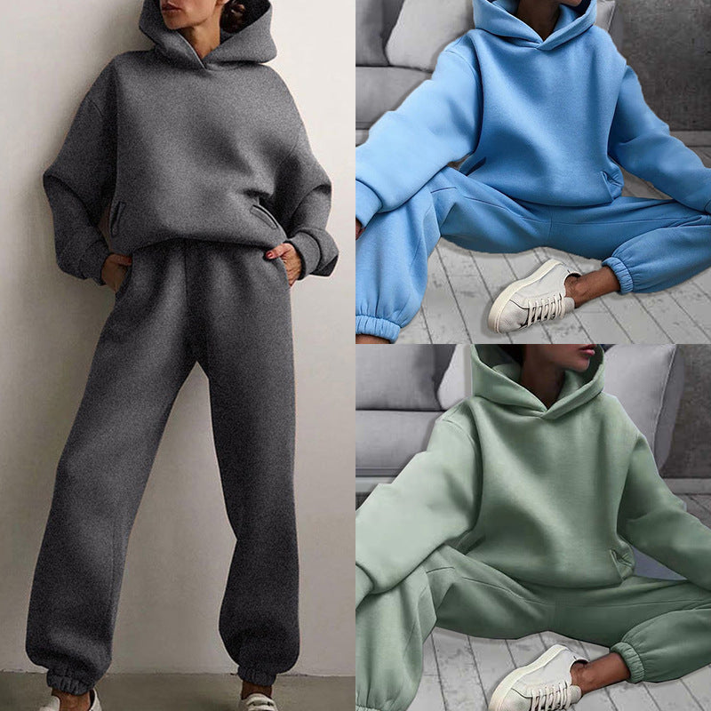 Women Fashion Casual Sports Solid Color Hooded Set