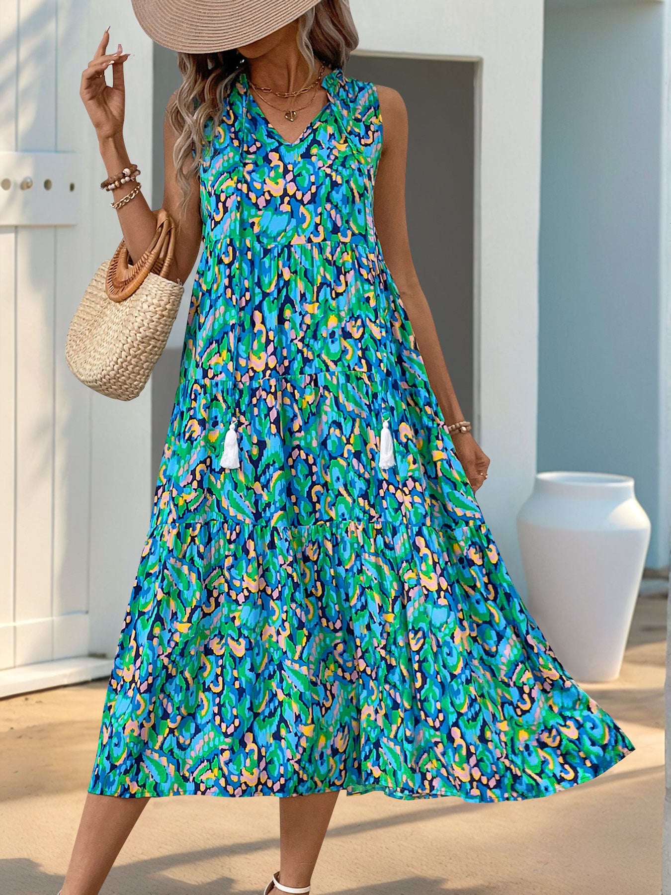 Sleeveless V-neck Fringed Print Dress for Women