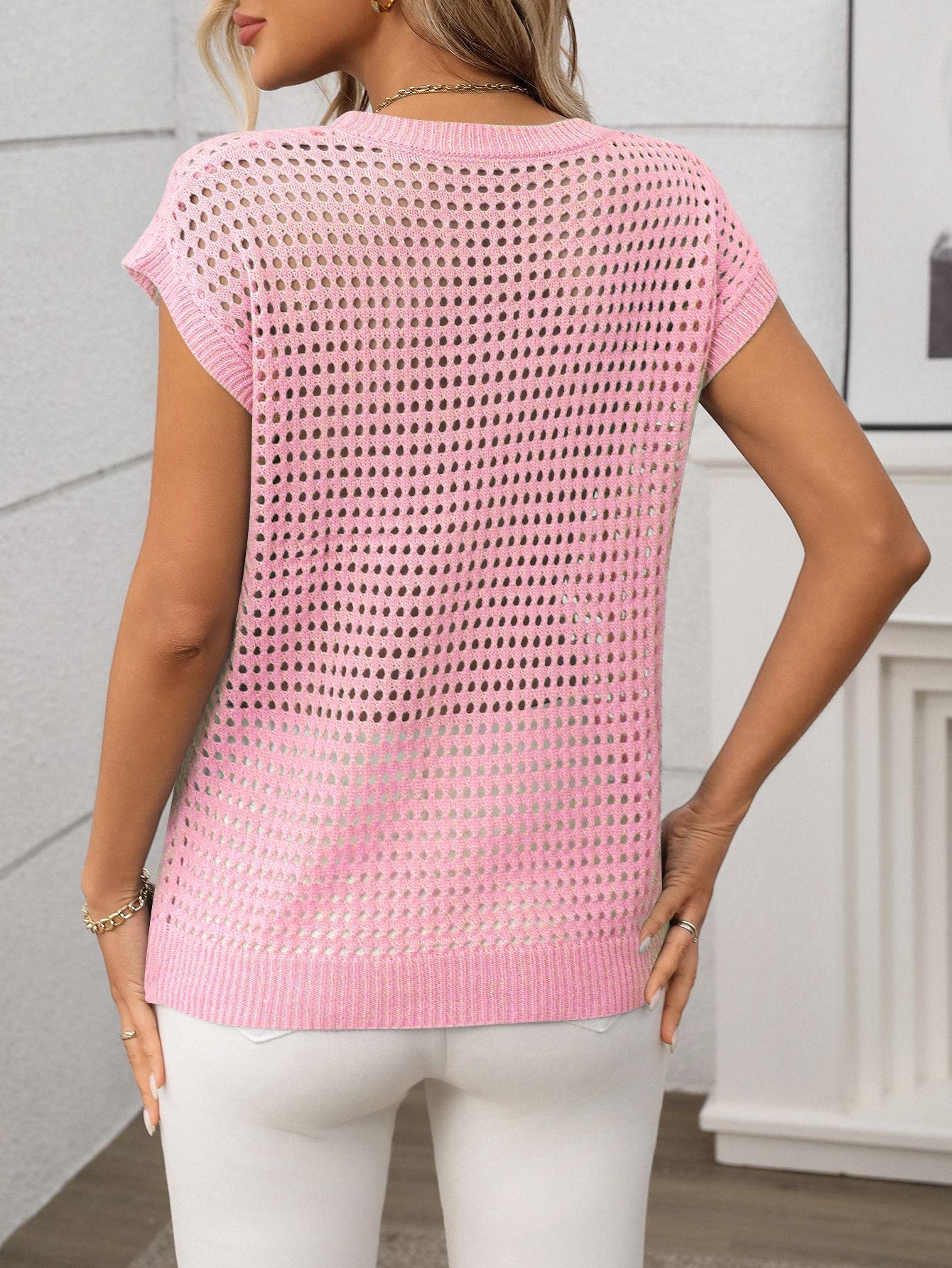 Women's Crew Neck Hollow-Out Sunscreen Knitted Sweater Blouse