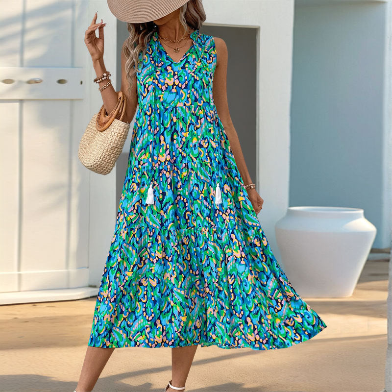 Sleeveless V-neck Fringed Print Dress for Women