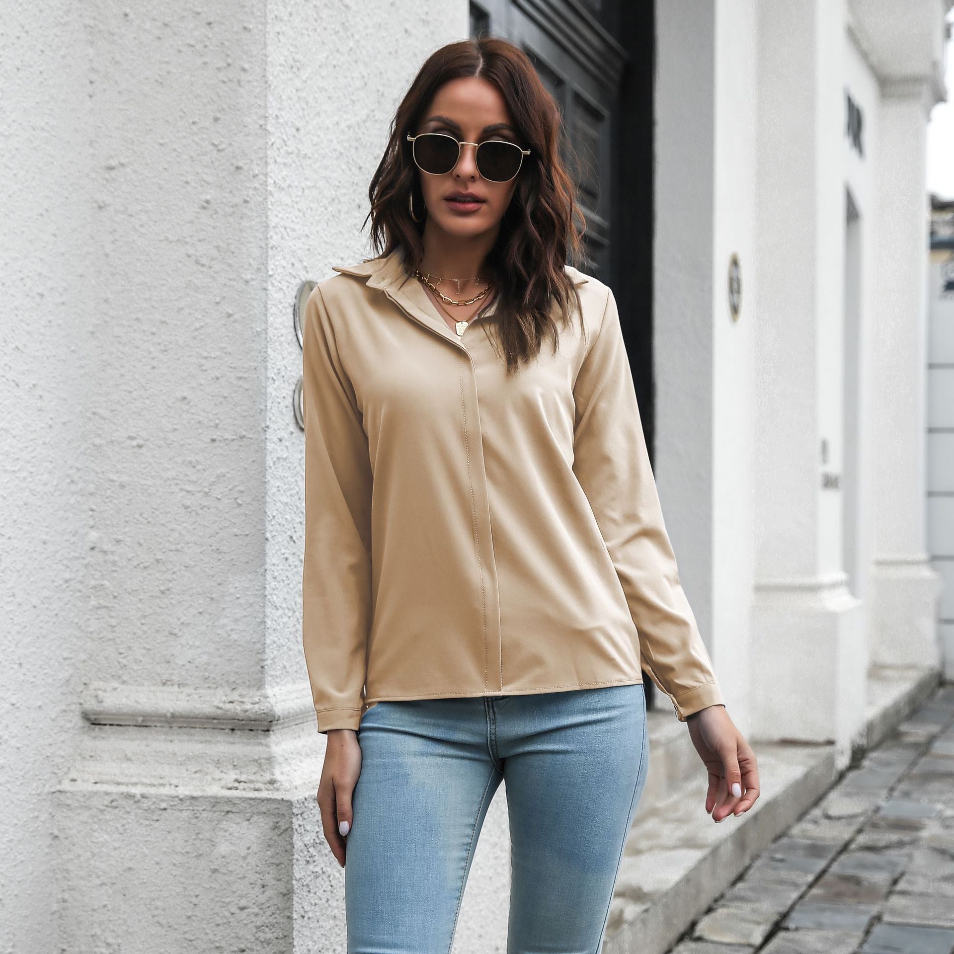 Women's Blouse Elegant V Neck Long Sleeve Shirt