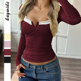 Womens Lace V-Neck Long Sleeve T-Shirt