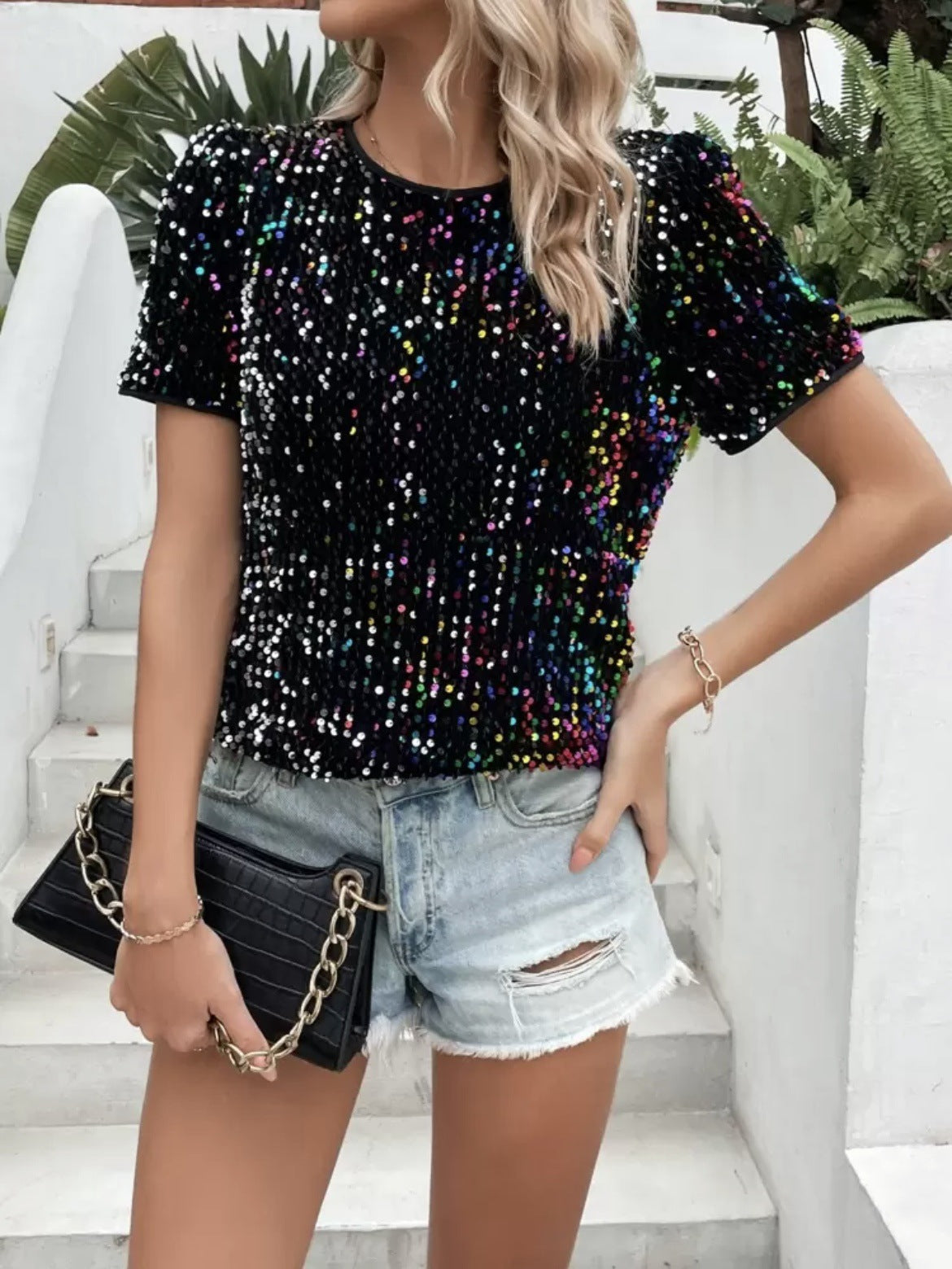 Short Sleeve Bag Neck Crew Neck Top Women's T-Shirt