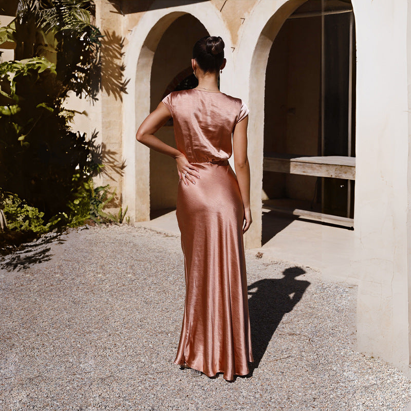 Women Satin Solid Color V-Neck Sexy Fishtail Dress Party Dress Long Dress