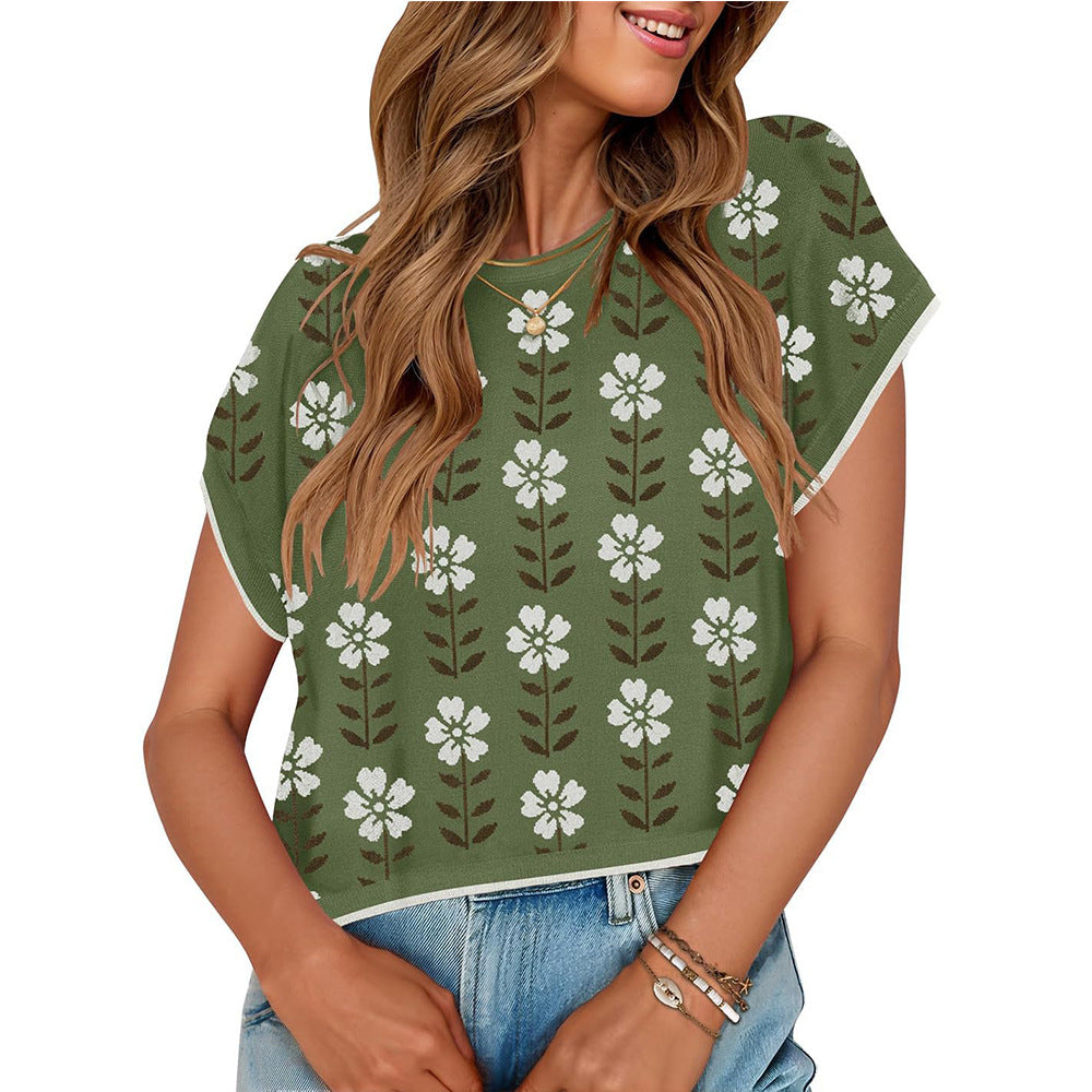 Short Sleeve Crew Neck Knitted Flower Sweater