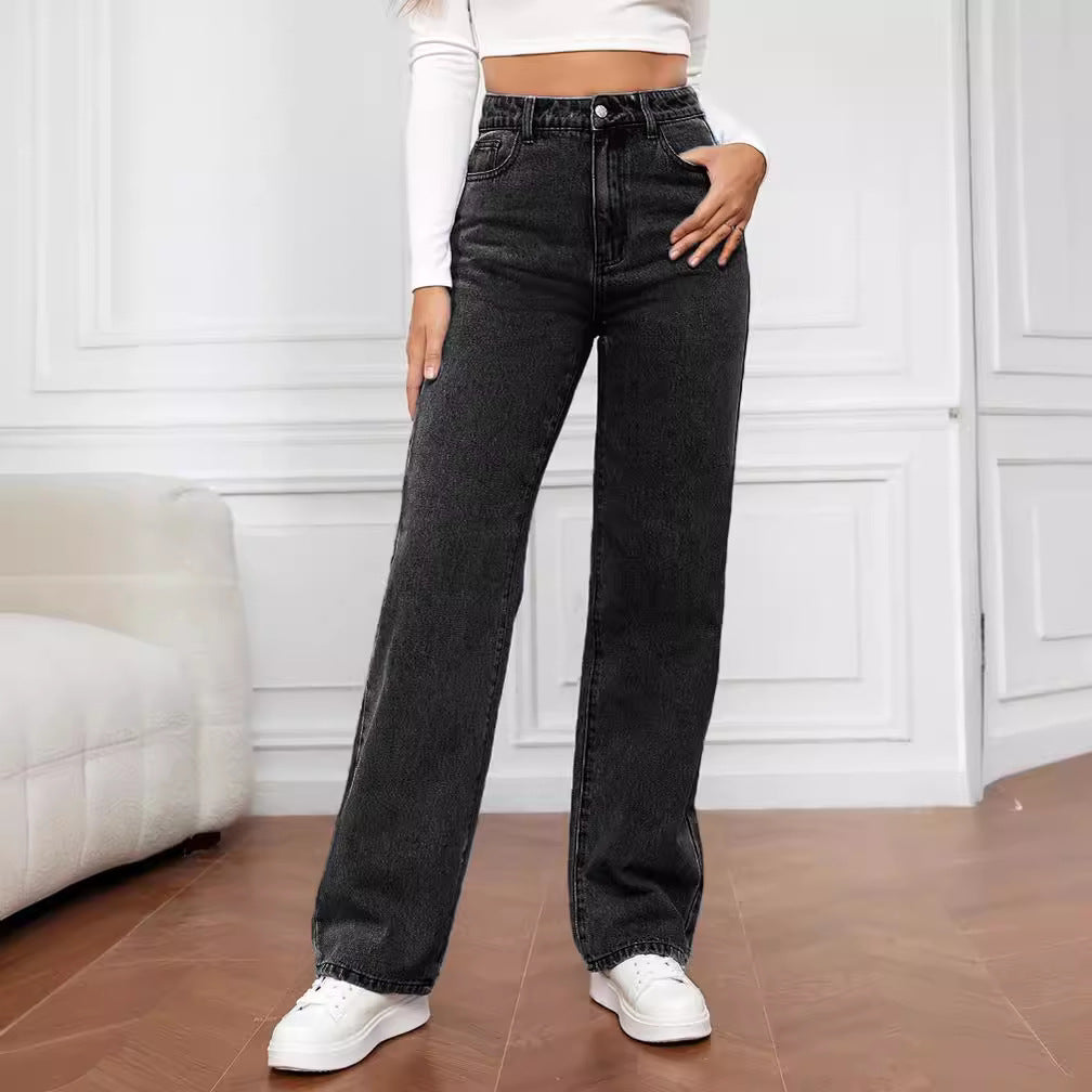 Women Stretch Washed Denim Fashion Straight Pants Long High Waist Jeans