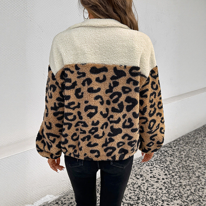 Casual Retro Lapel Leopard Print Wool Coat for Women