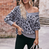 Women V-neck Off-the-shoulder Leopard Print Pullover Loose Fashion Sweater