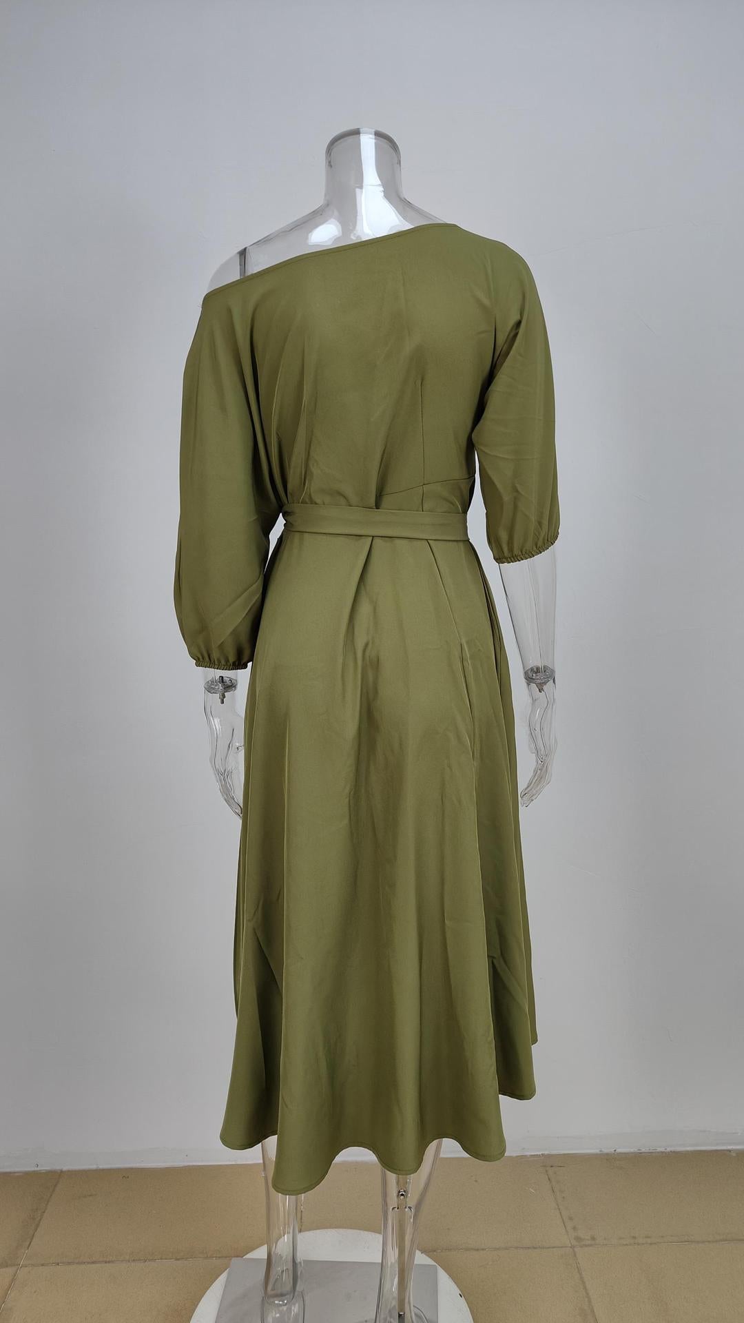 Solid Color Slanted Shoulder Strap Waist Dress