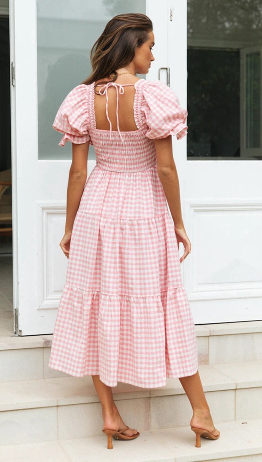 Ladies Plaid Bubble Sleeve Dress