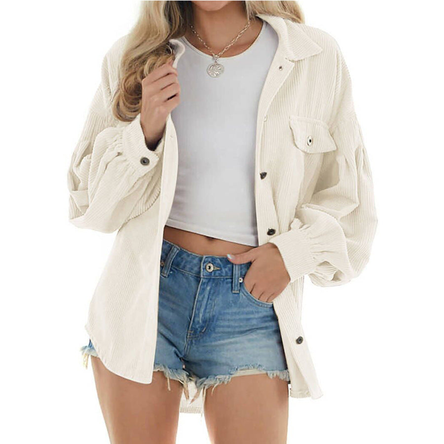 Women's Casual Loose Lantern Sleeve Corduroy Shirt