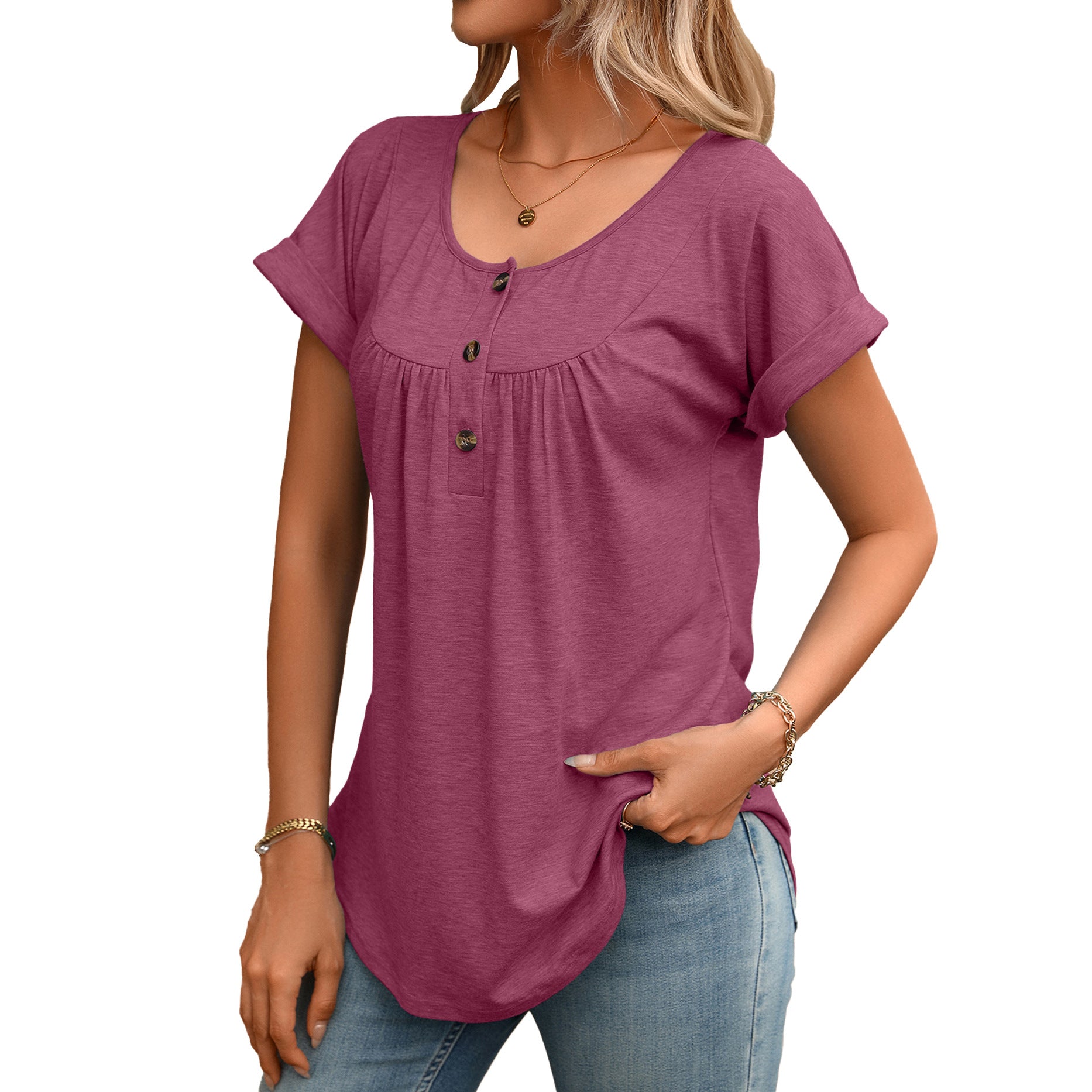 Women Solid Color Crew Neck Button Short Sleeve T-Shirt