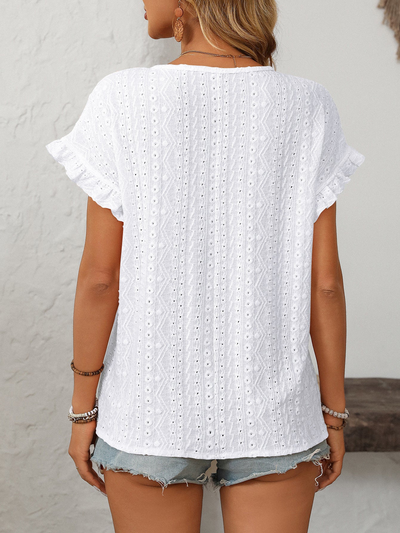 Solid Color Crew Neck Sweet Short-sleeved T-shirt Hollow Top