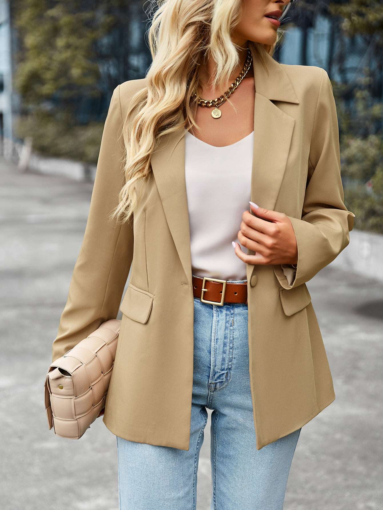 Women's casual suit outer sleeve buttons lapel jacket