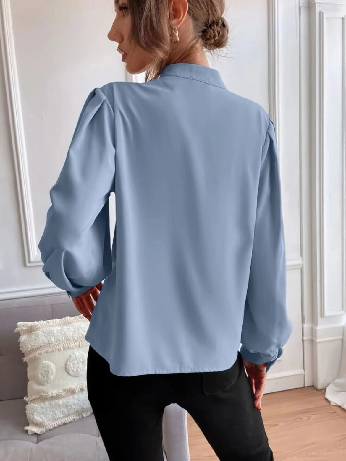 Solid color lapel long-sleeved button-up blouse shirt