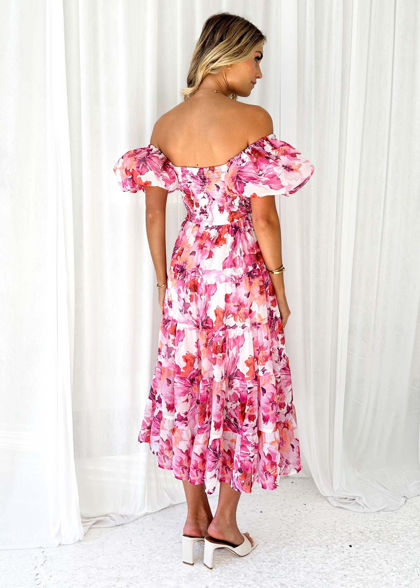 Offshoulder Printed Bubble Sleeve Dress for Women