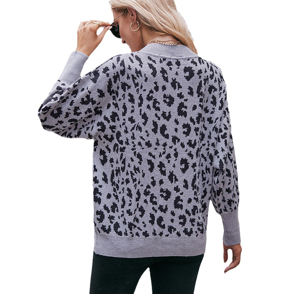 Women V-neck Off-the-shoulder Leopard Print Pullover Loose Fashion Sweater
