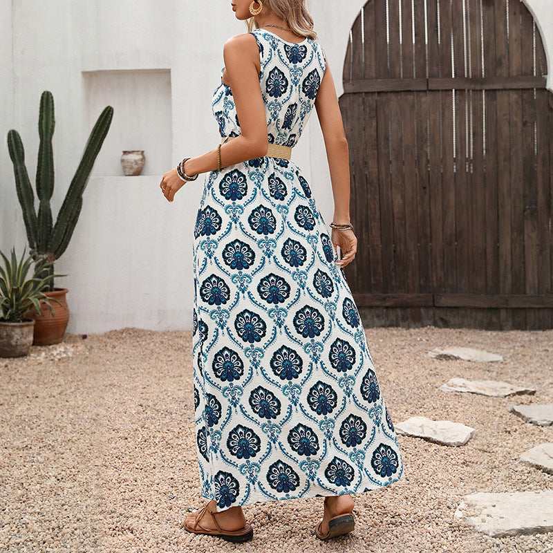 Printed Sleeveless Split Waist Dress