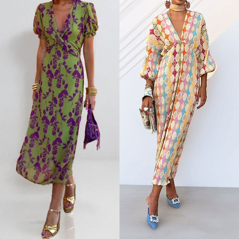 Women's Printed V-Neck Lantern Sleeve Dress
