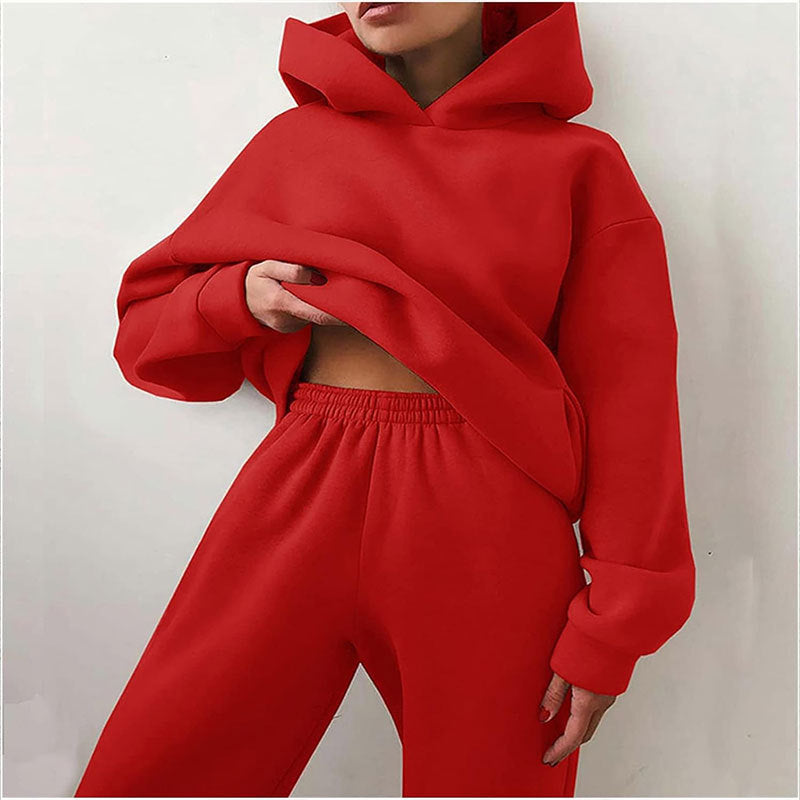 Women Fashion Casual Sports Solid Color Hooded Set