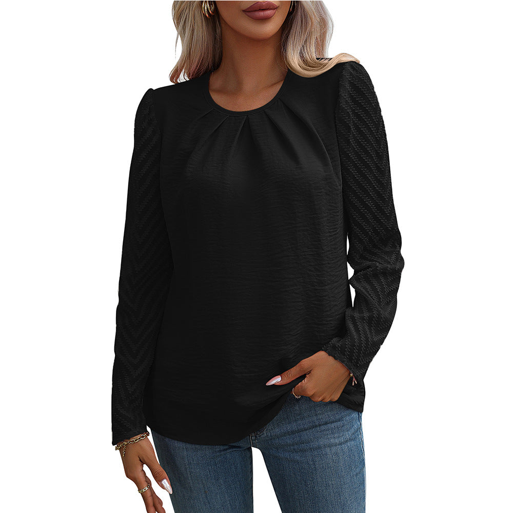 Women's Crew Neck Pleated Chiffon Long Sleeve Shirt