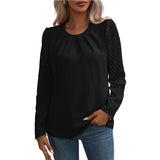 Women's Crew Neck Pleated Chiffon Long Sleeve Shirt