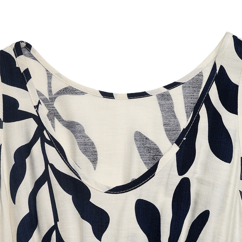 Women's Sleeveless Shoulder Strap Dress Leaf Print Split Dress