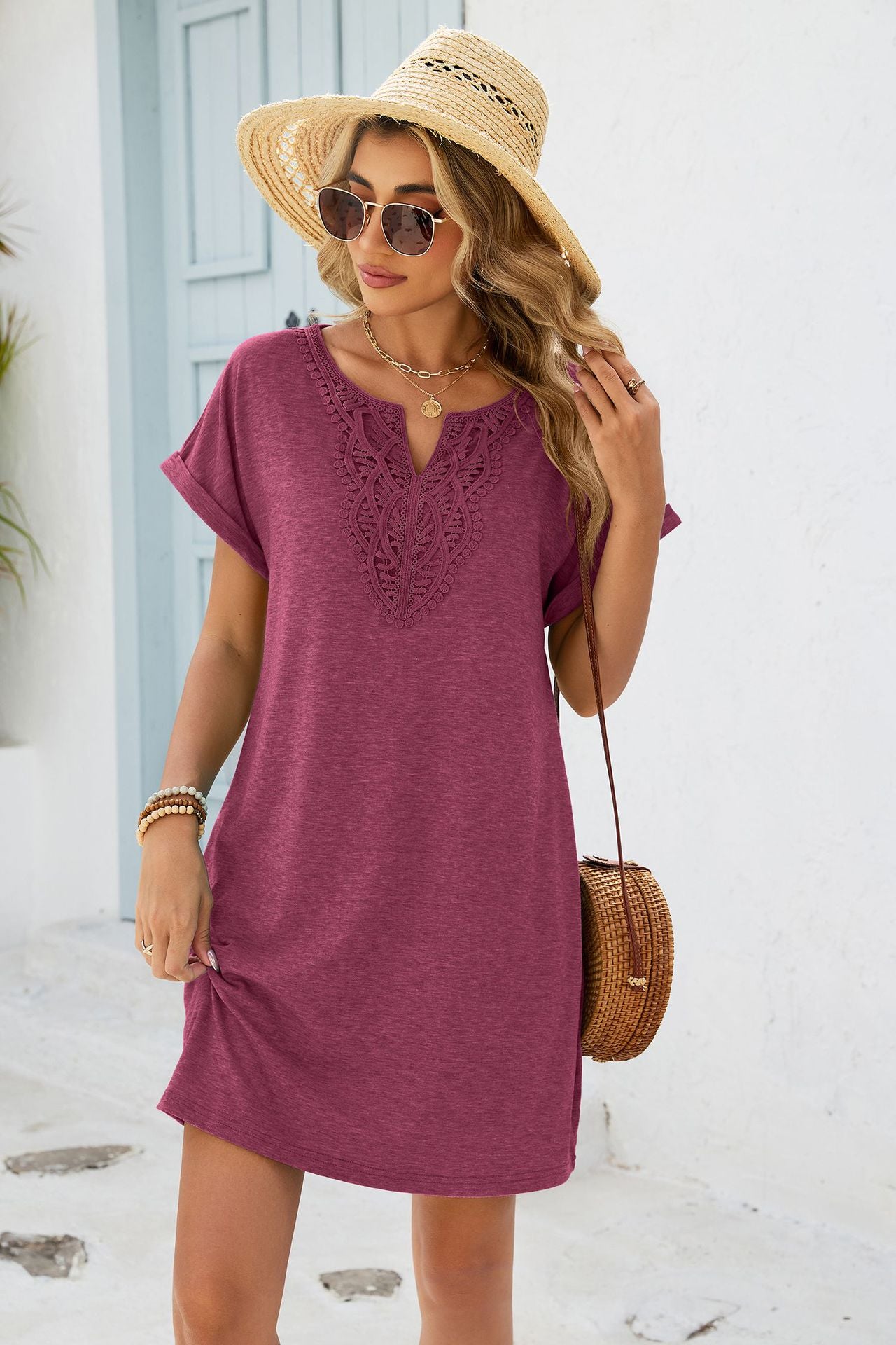 Women Solid Color V-Neck Lace Short Sleeve Pocket Dress