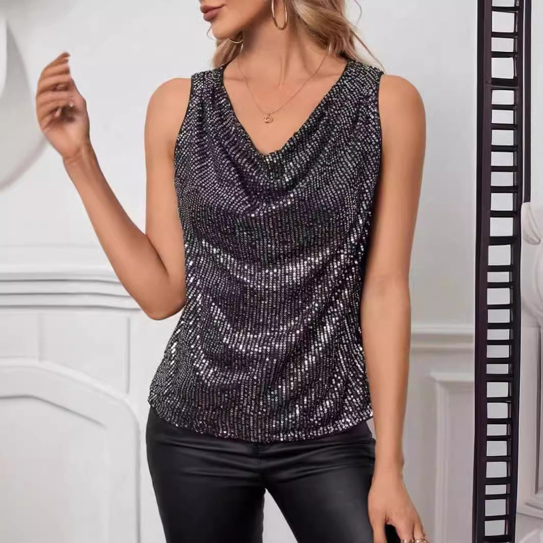 Sexy V-Neck Tubular Sequins Loose Pullover Women's Vest