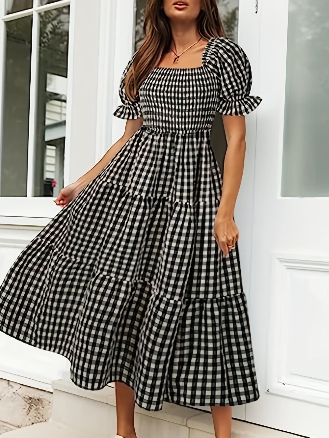 Ladies Plaid Bubble Sleeve Dress