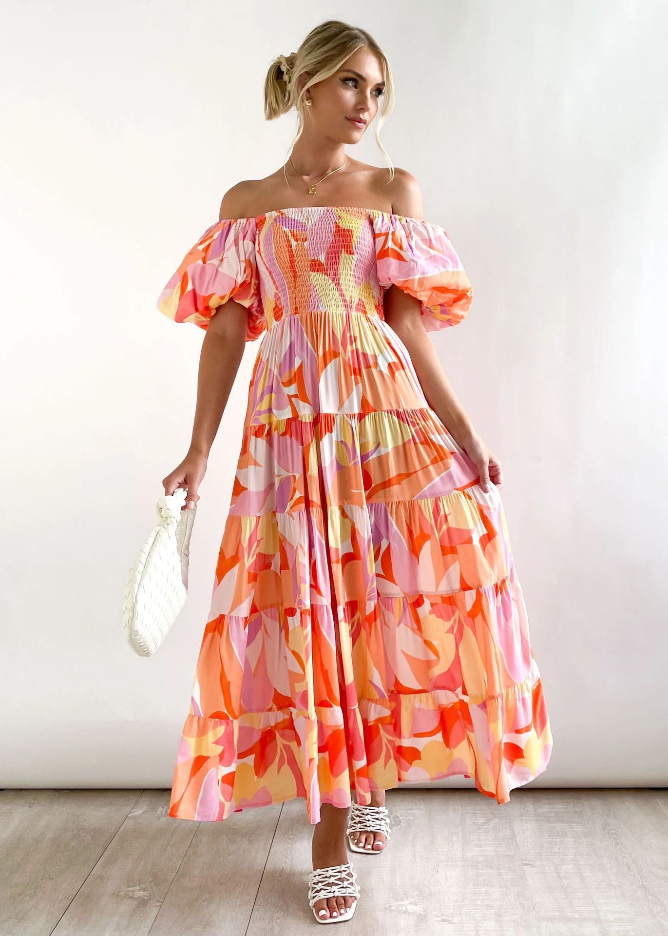 Offshoulder Printed Bubble Sleeve Dress for Women
