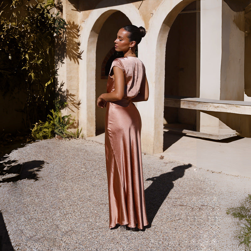 Women Satin Solid Color V-Neck Sexy Fishtail Dress Party Dress Long Dress