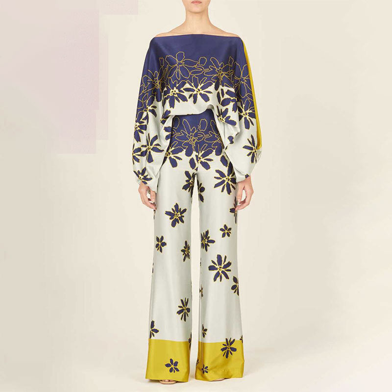 Elegant and Loose Bat Sleeve Print Fashion Set