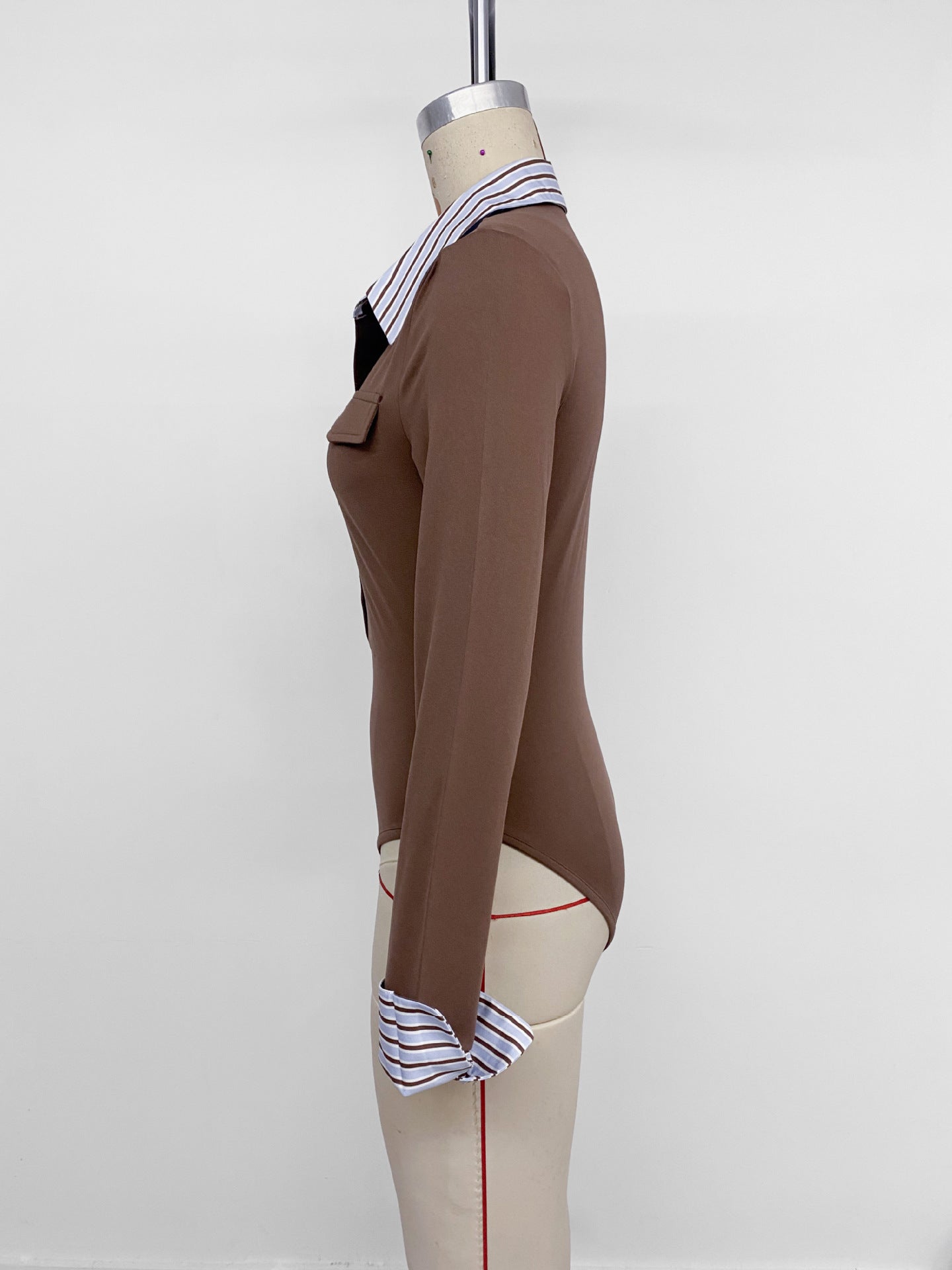 Striped Shirt Collar Long Sleeve Slim Fit Bodysuit