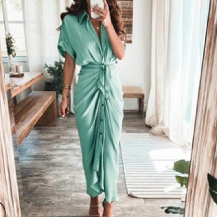 Elegant Short Sleeve Printed High Waist Dress Long Dress