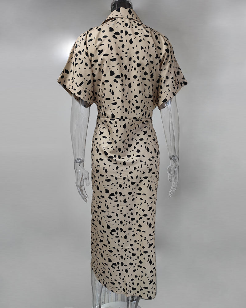 Elegant Short Sleeve Printed High Waist Dress Long Dress