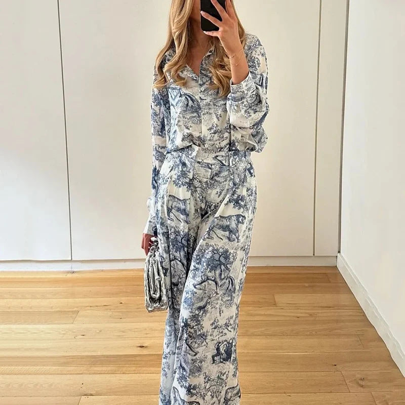 Women's Printed Button Blouse Pants Set