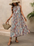 Vintage Fringed Sleeveless Print Dress