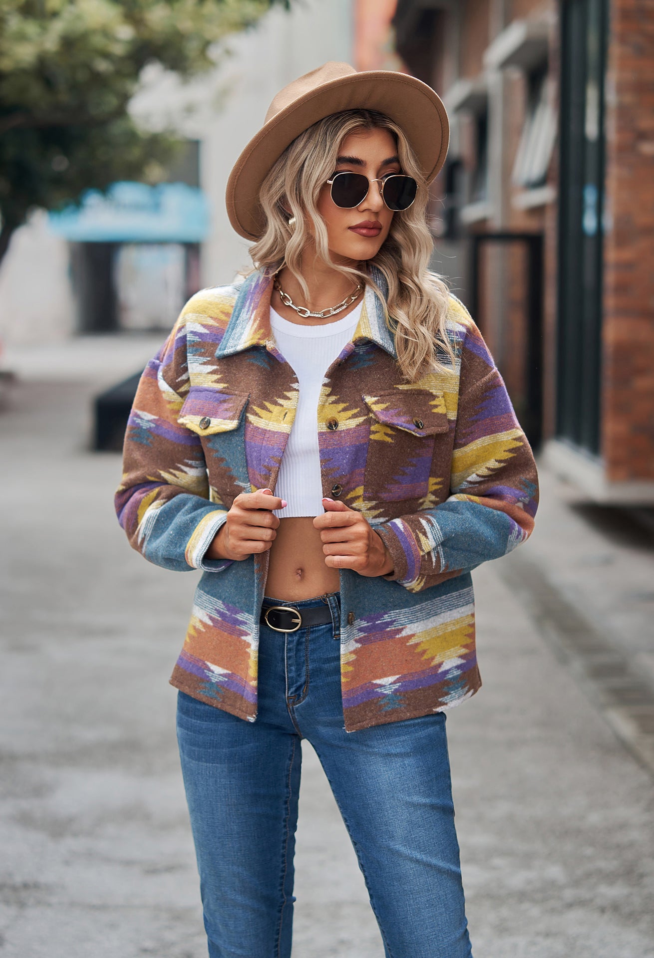 Casual Aztec Print Button Down Woolen Long Sleeve Jacket Coat