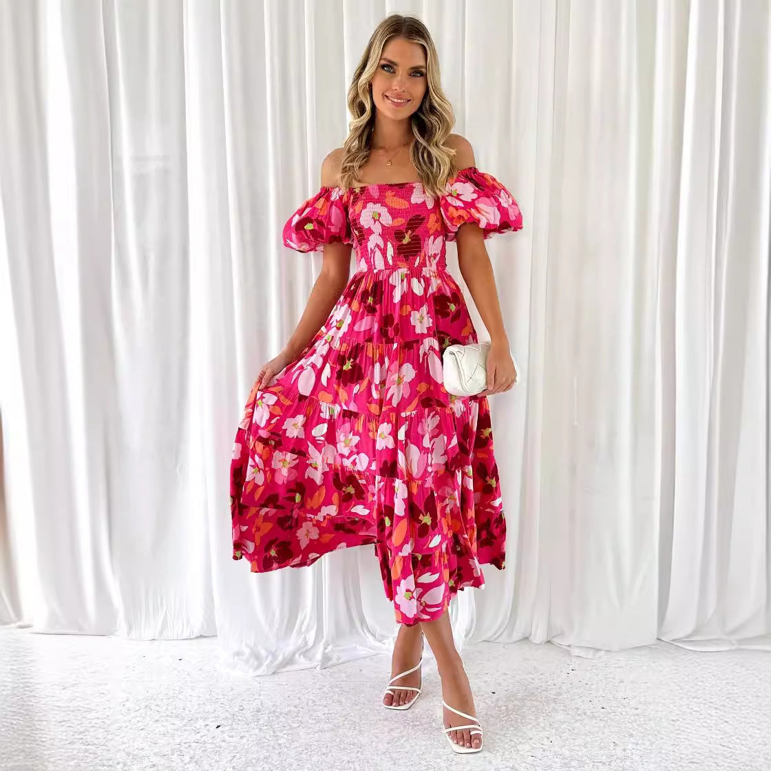Offshoulder Printed Bubble Sleeve Dress for Women