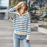 Women's knitted striped sweater lapel casual top