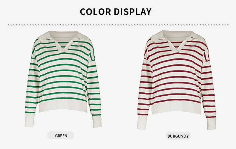 Women's knitted striped sweater lapel casual top