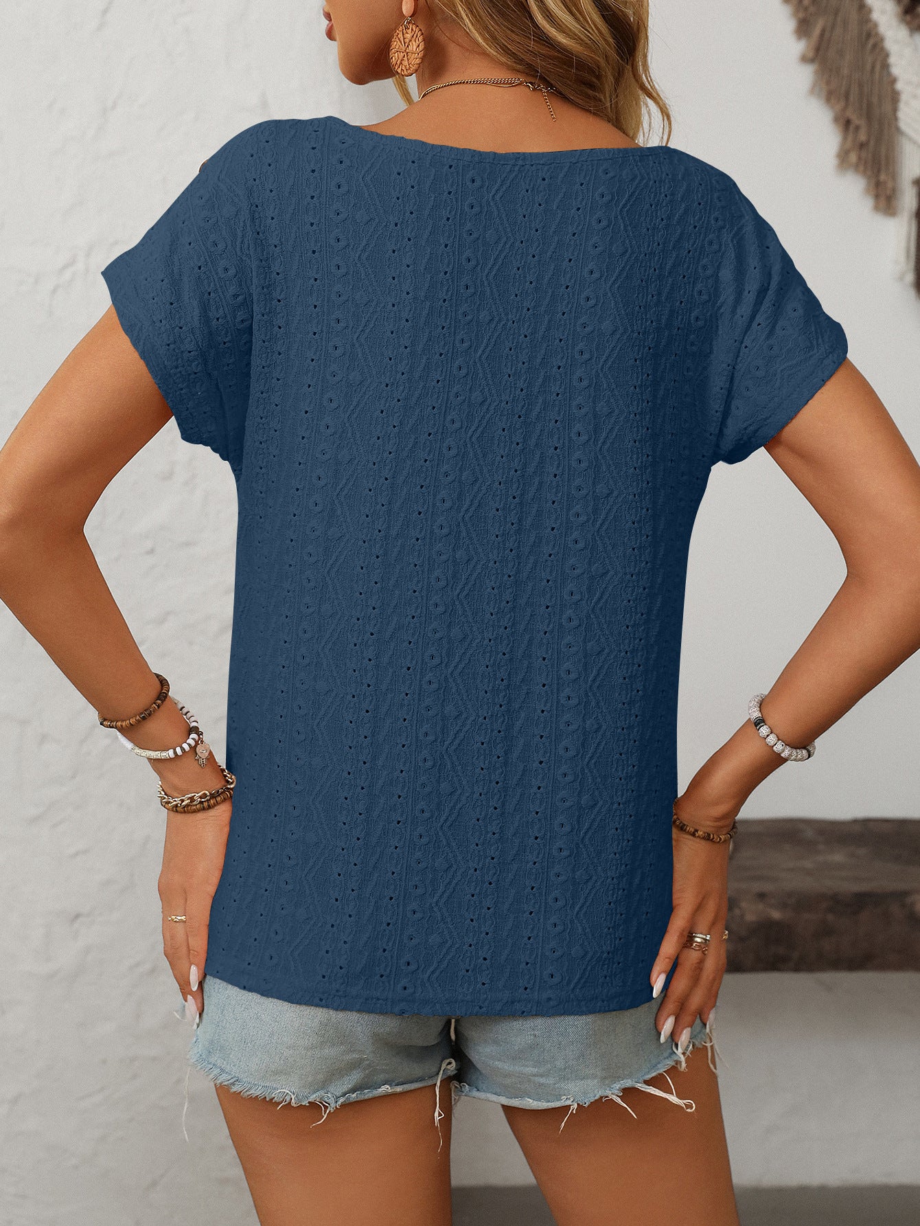 Women's Solid Color Crew Neck Button Short Sleeve T-Shirt Top