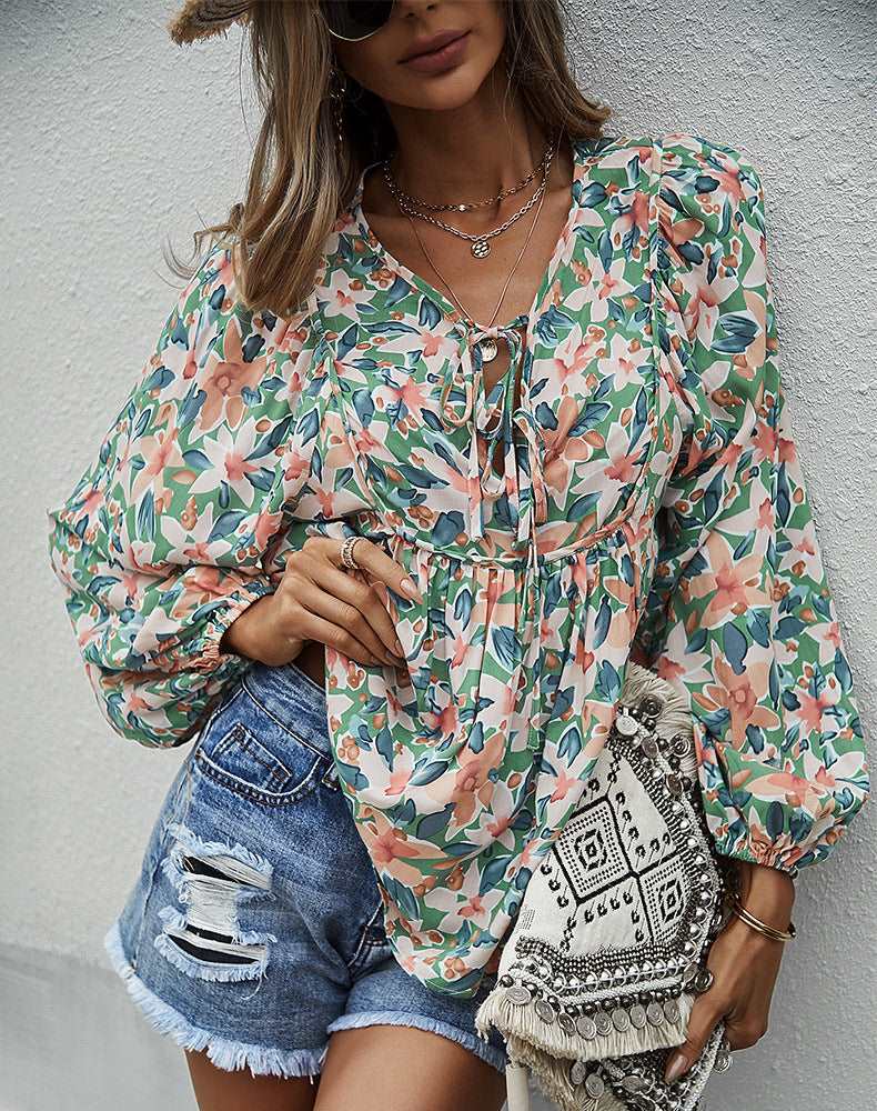 Womens Fall Fashion  Boho Tops Casual Frill Trim Mock Neck Shirts Puff Long Sleeve Blouse Floral Print Top