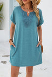 Women Solid Color V-Neck Lace Short Sleeve Pocket Dress