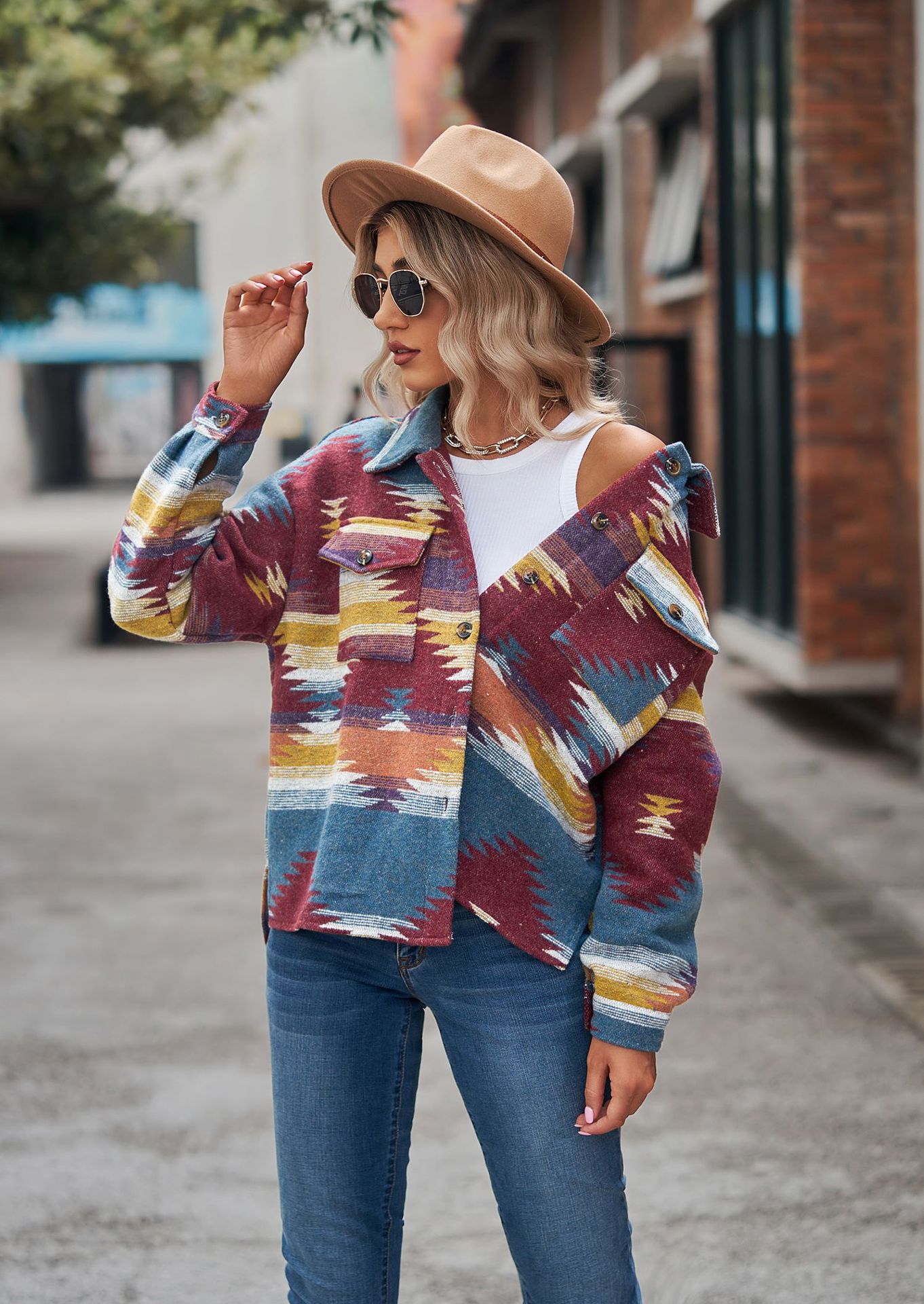 Casual Aztec Print Button Down Woolen Long Sleeve Jacket Coat