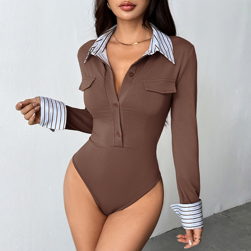 Striped Shirt Collar Long Sleeve Slim Fit Bodysuit