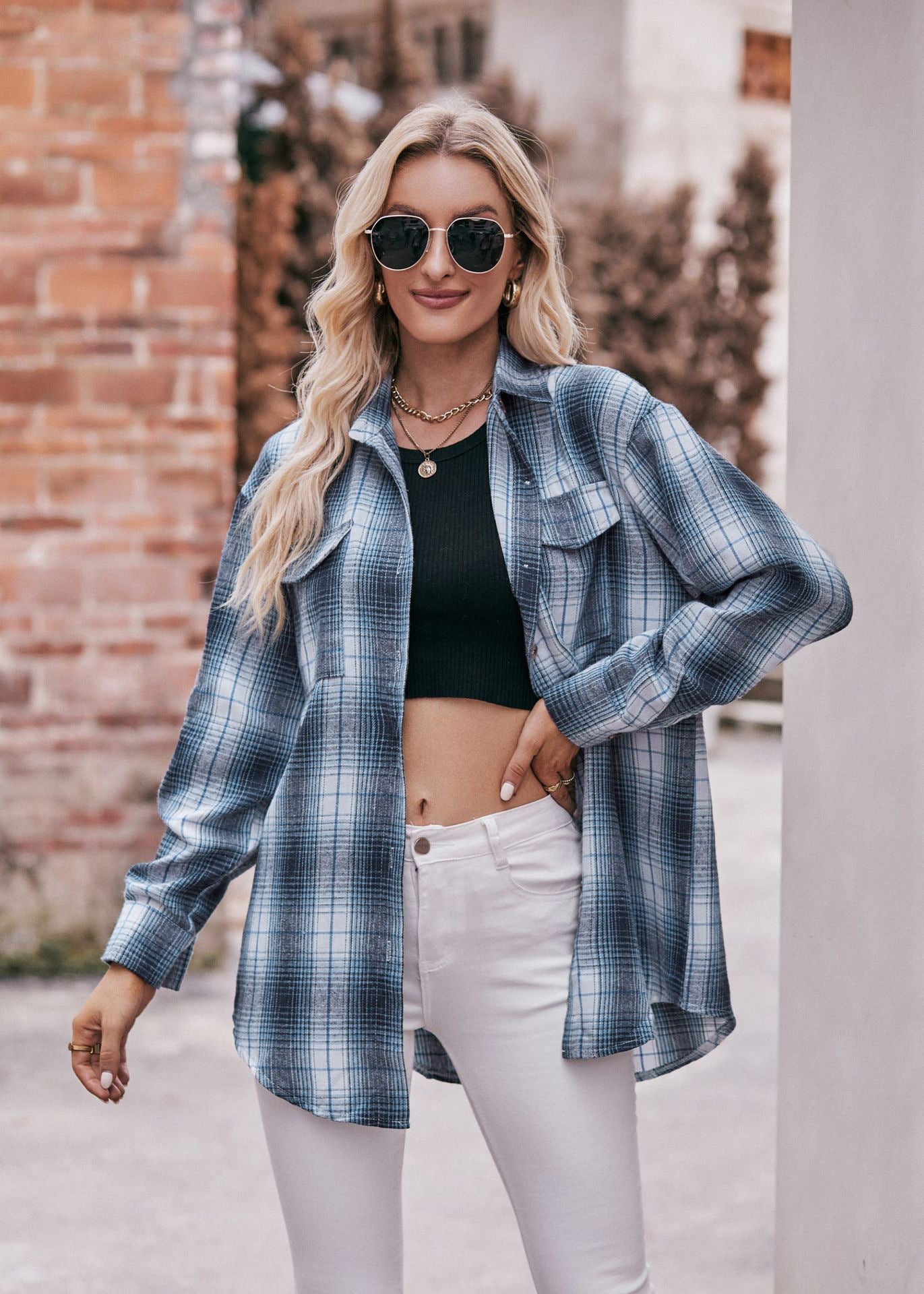 Women Oversize Loose Plaid Jacket with Pocket