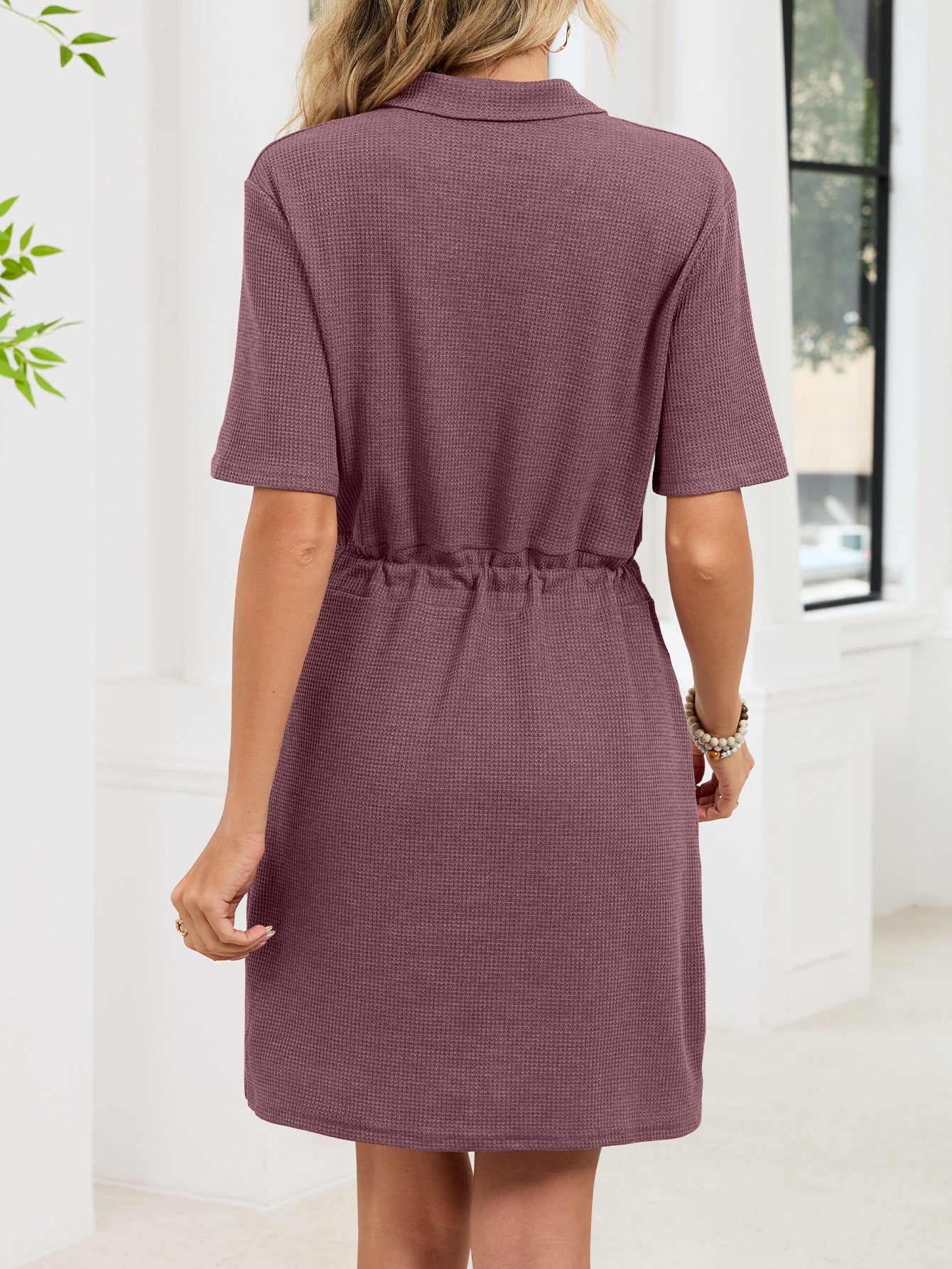 Women's Loose Lapel Short-sleeve Drawstring Pocket Dress